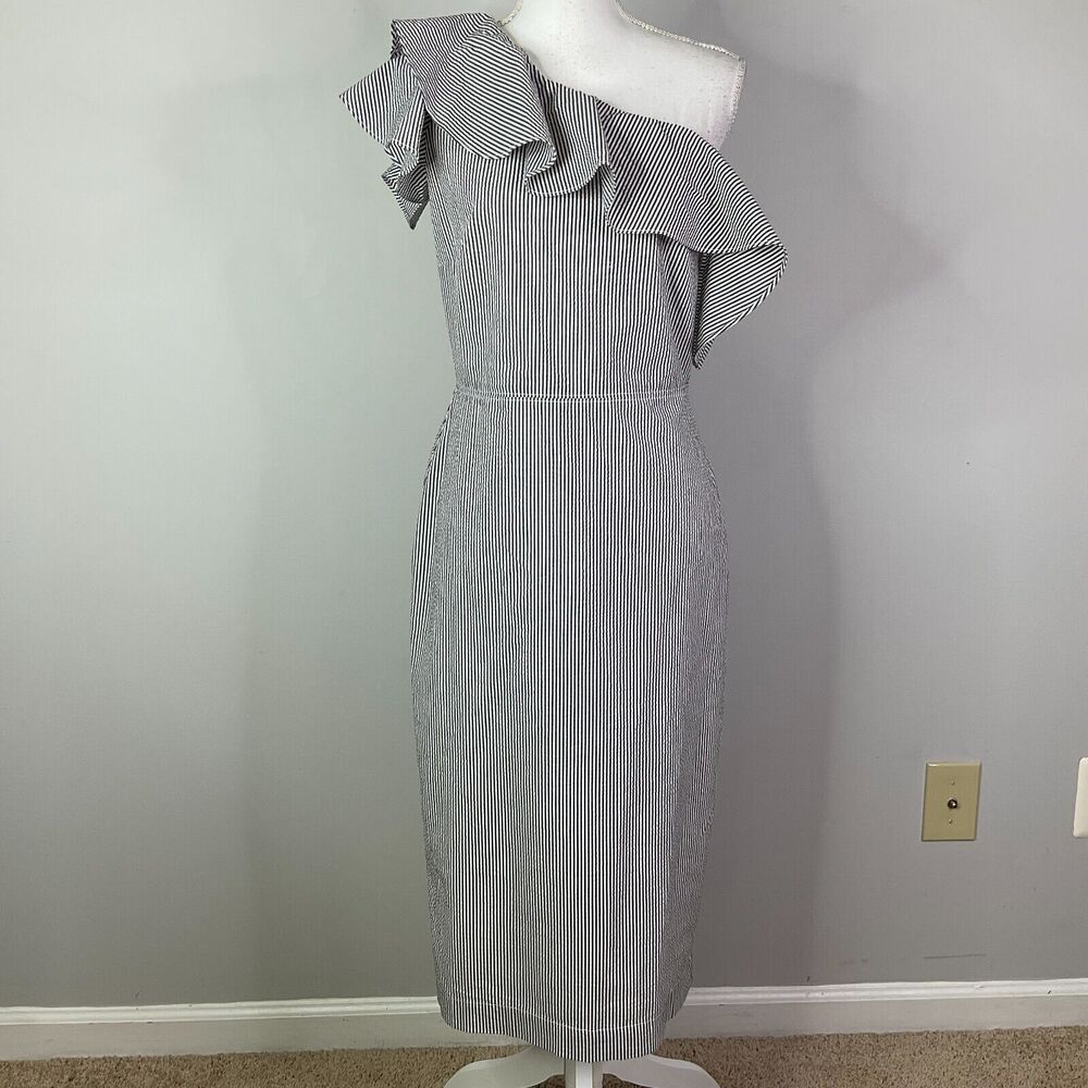 Banana Republic Seersucker One-shoulder Dress Womens Size 4 Tall Cotton